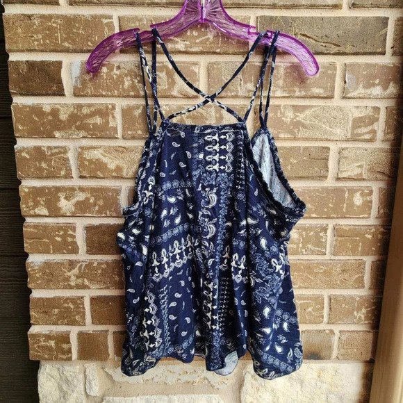 We The Free Hey Girl Cotton Boho Tank Top Blue and White Small - Picture 2 of 6